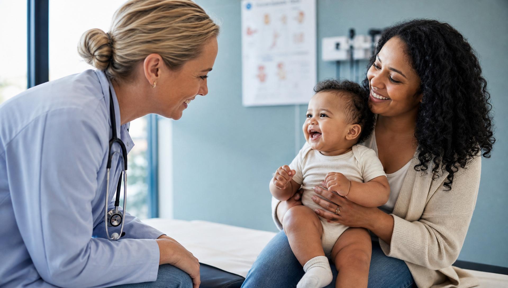 A friendly pediatrician interacting with a happy baby held by a smiling parent in a bright clinic